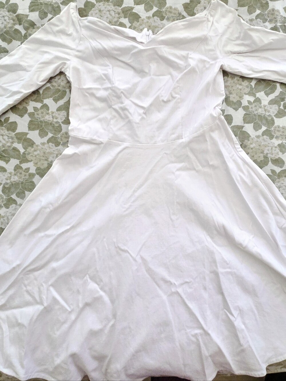 White V-Neck Long Sleeve Fit & Flare Dress